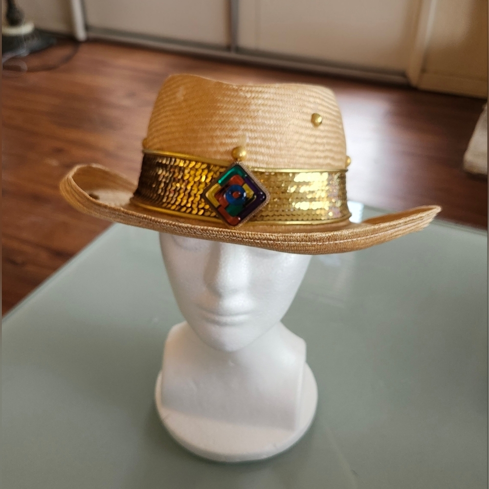Michelle McGann Vintage Y2K Wide Brim Bling Straw Golf Hat